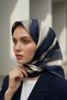100% Twill Silk Chain Detailed Geometric Patterned Navy Blue - Navy Blue Colored 90X90 Scarf Planting Shape - 2