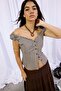 Fitted Seersucker Textured Short Sleeve Brown Blouse I3513Ax26Hs