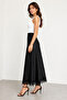 Black Satin Lace Detailed Long Skirt – High Waist, Elastic Inside, A-Line - - 2