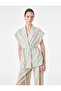 Linen Blend Waist Detailed Striped Sleeveless Blazer Jacket with Pockets - 2