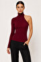 One Shoulder Long Sleeve Burgundy Ribbed Knit Blouse - 4