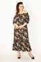 Women's Large Size Black Woven Viscose Fabric Madonna Collar Dress with Elastic Cuffs and Collar
