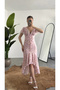 Women's Pink Floral Patterned Flounce Midi Dress – V-Neck, Tie Detail, Asymmetrical Cut, Summer & D
