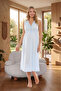 New Season Blue Summer V-Neck Lace Detailed Design Wide Strap Buttoned 100% Cotton Maternity Nightgown - 2