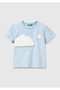 Girl's ice blue water-based printed embroidered crew neck t-shirt