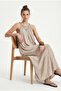 Women's Adriana Halter Collar Pleated Pocketed Long Vintage Pattern Woven Beige Dress - 2