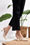 Women's Beige Patent Leather Cross Back Strap Pointed Toe Mid Heel Shoes 8cm - 3