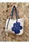Women's Cobalt Blue Flower Embroidered Zippered Shoulder Bag in White - with Internal Compartment (31X49 cm) - 2