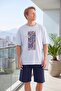 Men's Blue Patterned Crew Neck Buttonless Cotton Summer Short Sleeve Pocket Shorts Pajama Set - 6