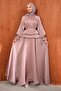 Powder Balloon Sleeve Waist Detailed Evening Dress