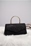 Metal handle chain clasp envelope flap patterned glitter evening bag - black - 3