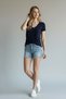 Women's Stone Embellished Stretchy Modal Fabric V-Neck Short Sleeve Navy Blue Blouse - 2
