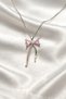 Women's Silver Color Bow Necklace with Pink Stone and Pearl Detail, Stylish Minimal Steel Chain - 3