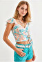 Women's Blue Orange Side Zipper Crop Crepe Blouse Blz-19003350 - 3