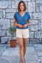 Women's Indigo Blue V-Neck Short Sleeve Summer Loose Basic Blouse 3375154 - 6