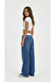 Ribbed Navy Blue Beli White Elastic Waist Wide Leg Palazzo Jean Trousers Without Lycra - 5