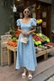 Women's Blue Square Collar Balloon Sleeve Lined Brode Woven Dress - 4