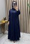 Nur Elbi̇se Crystal Belis Fabric Women's Navy Blue Two Side Body-Fitting Stone Detailed Leather Insert Stylish Dress