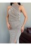 Stone Draped Halter Neck Glitter Evening Dress - 5