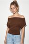 Women's Brown Asymmetrical Waist-Fitted Viscose Bat Sleeve Blouse 60286901 - 5