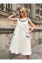 Blue Embroidered Linen Dress with Pocket - 4