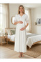 New Season Ecru Elegant Lace Detailed Summer Design Short Sleeve Buttoned 100% Cotton Maternity Nightgown
