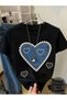 Denim Pattern Pearl Love Heart Printed Premium Oversize T-Shirt