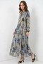 Women's Shirt Collar, Gathered Waist, Long Sleeve, Floral Patterned, Viscose, Dark Gray, Hijab Dress - 6