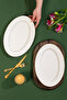 4455 Burçak Set of 2 Porcelain Gold Mesh Boat Plates - Oval Breakfast Serving Set 30cm - 3