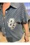 Plus Size Striped Shirt Collar Buttoned Stoned Short Sleeve Elastic Waist Loose Leg Pocket Women's Top and Bottom Set - 4