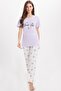 Women's Regular Fit Classic Cut 100% Cotton Crew Neck Short Sleeve Printed Lilac Pajama Set - 5