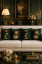 Emerald Green Gold Floral Patterned Set of 4 Throw Pillow Covers Luxury Decorative Pillow