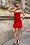Women's Red Halter Neck Side Gathered Backless Mini Dress