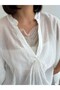 Crep Women's Beaded Detailed Bat Sleeve V-Neck Loose Chiffon Ecru - 3