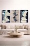 Navy Blue and Spatula Patterned Boho 3-Piece Glass Painting Set - White Metal Framed Home and Office Painting