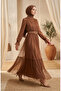 Belted Tulle Hijab Evening Dress 5720-01 Brown