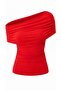 Women's One-Shoulder Blouse – Draped Collar Detail, Stretchy Fabric, Ecru & Red Stylish Blouse - 7