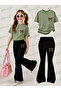 Summer Black Spanish Flared Pants and T-Shirt, Children's Girl's Set with Small Leopard Pattern Print Design