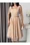 Beige Lace Embroidered Sequined Belted Square Neck Evening Dress - 5