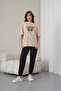 Women's Leopard Patterned Cherry Printed Beige Color Round Neck T-Shirt Black Jogger Tracksuit Set - 4