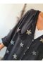 Women's Black Hooded Star Embroidered Long Sleeve Pocketed Drawstring Cotton Linen Shirt Jacket Pinterest - 7