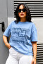 Women's Blue Oversize Printed Cotton Crew Neck T-Shirt - 3