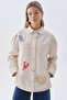 Women's Ecru Oversized Shirt Jacket with Pocket Detail and Embroidery