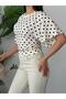 Women's White-Brown Crew Neck Wide Sleeve Polka Dot Blouse Elt7249 - 3