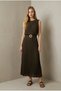 Women's Brown Pleated Dress with Gold Belt Buckle Detail and Zero Sleeves Yy101405 - 5