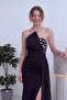 Women's Strapless Stone Detailed Slit Tailed Evening Dress Woven White, Burgundy, Navy Blue, Black - 6