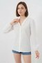 Women's V-Neck Long Sleeve Embroidered Linen Cream Blouse - 4