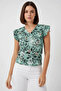 Women's V-Neck Ruffle Sleeve Floral Patterned Green Blouse