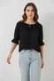 Women's Round Neck Ruffle Detailed Sleeve Viscose Black Blouse - 2