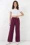 Women's Elastic Waist Wide Leg Burgundy Palazzo Trousers - 6